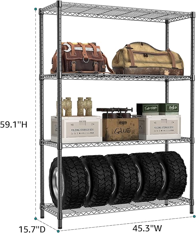 IZEUK 1400 LBS Garage Black Shelving Wide Storage Shelves 4 Tier Adjustable Heavy Duty Metal Wire Rack Standing Shelf Unit for Kitchen Office College Dorm Garage Warehouse 15.8" x 45.8"x 59.4"
