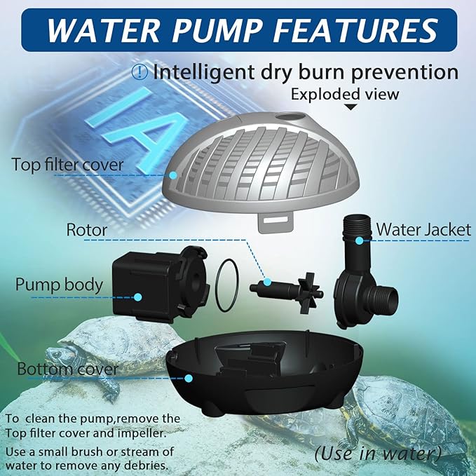 WaterRebirth HSP2500N Submersible Water Pump - Turtle Shell Design - 660GPH - Black - Modern Unique - Pond & Aquarium Water Pump