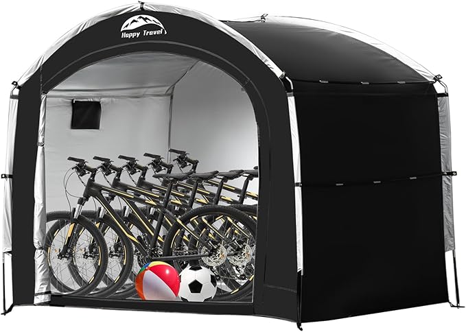 Happy Travel Bike Storage Tent Shed, Outdoor Waterproof Bicycle Covers Shelter with Window for 2/4/6/8 Bikes,Oversized Outside Portable Sheds for Lawn Mower,Garden Tools (Black)