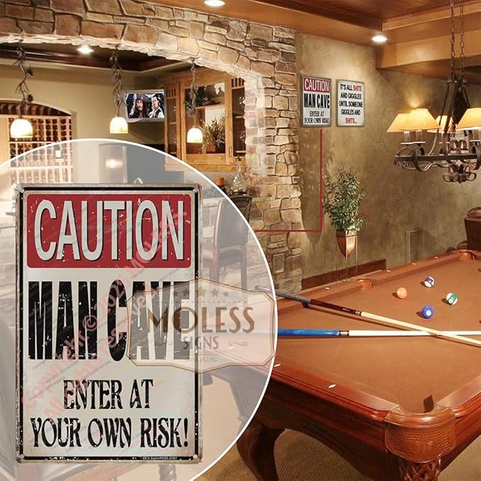 'Caution: Man Cave - Enter at Your Own Risk!' Funny Man Cave Decor for Men | 12x8″ Durable Vintage Metal Man Cave Signs Wall Decorations for Basement/Garage/Mancave, 2361
