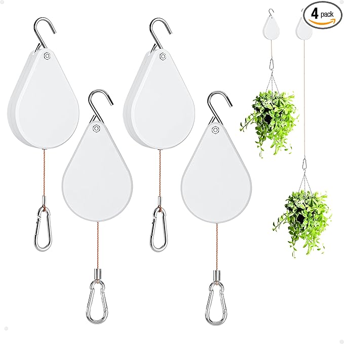 Retractable Plant Hanger - Upgrade Plant Pulleys for Hanging Plants, Easy to Raise and Lower, Suitable for Garden Flower Pots, Hanging Planter, Bird Feeder(White, 4 PCS)