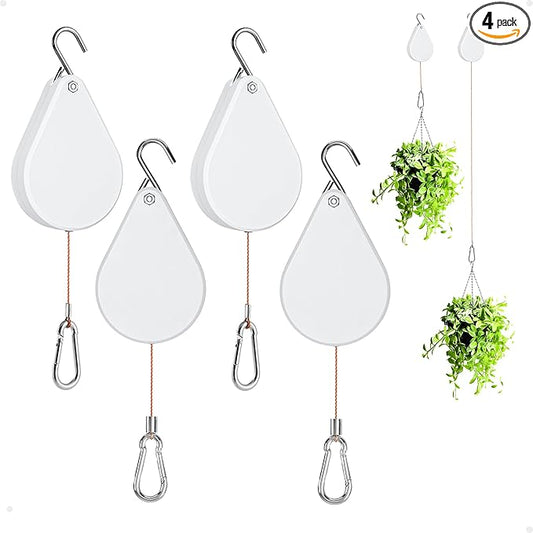 Retractable Plant Hanger - Upgrade Plant Pulleys for Hanging Plants, Easy to Raise and Lower, Suitable for Garden Flower Pots, Hanging Planter, Bird Feeder๏ผWhite, 4 PCS๏ผ