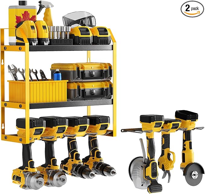 Power Tool Organizer Wall Mount with Extra Drill Holder, Yellow & Black Garage Storage Combo with Battery Storage, 4 Drill Slots Total, Heavy Duty Steel Tool Rack for Workshop Garage