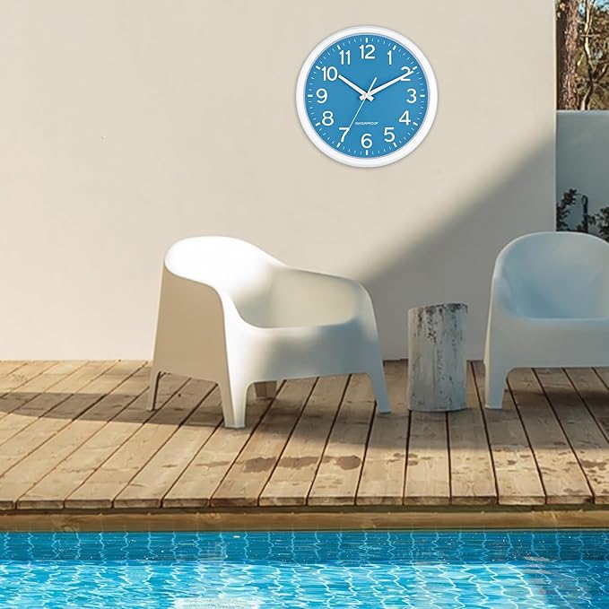 Caysie 16 Inch Sealed Large Outdoor Clock Waterproof, Silent Battery Operated Weatherproof Wall Clocks for Pool Patio Outside Home (White Blue)
