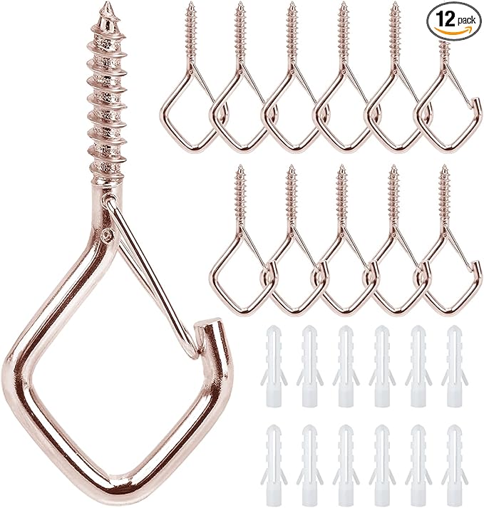 12 PCS Q-Hanger Hooks for String Lights, Ceiling Hangers for Plants & Wind Chimes, Christmas Decorations Outdoor Hooks Rose Gold