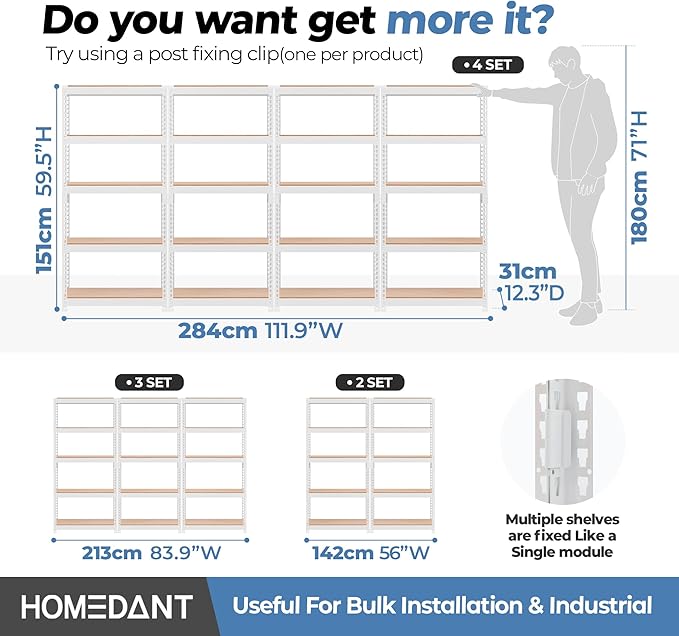 HOMEDANT 5 Tier Laminated White Boltless Metal Shelving Unit Adjustable Garage Storage Utility Rack Heavy Duty Shelves Organization Multipurpose Shelf Warehouse Pantry 28" W x 12.3" D x 59.5" H 2Pack