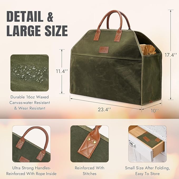 INNO STAGE Heavy Duty Firewood Log Carrier Tote Bag, Large Wood Storage Hay Hauling for Fireplace Fire Pit Outdoor Camping, BBQ Barbecue