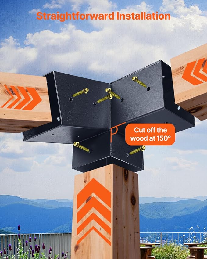 VEVOR Pergola Kit, 4x4 Inch 3-Way Slanted Bracket for 3.5x3.5 Inch Wood Beams in Actual Size, Carbon Steel Pergola Bracket with Screws and Post Bases, for Outdoor Wood Pergolas, Gazebos, Sheds, 8 Pcs