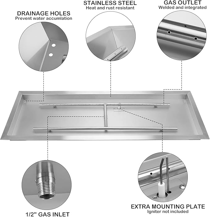 Stanbroil 30 x 10 Inch Rectangular Drop-in Fire Pit Pan with H-Burner, Gas Firepit for Outside, 304 Stainless Steel, 125,000 BTU Max