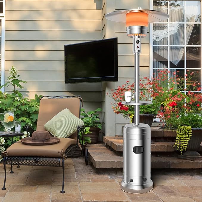 Tangkula 48,000 BTU Propane Heater with Wheels, Outdoor Heater with Shelf Tabletop, Stainless Steel Burner, Auto Shut Off & Tip-Over Protection, Portable Patio Heater for Outdoor Use