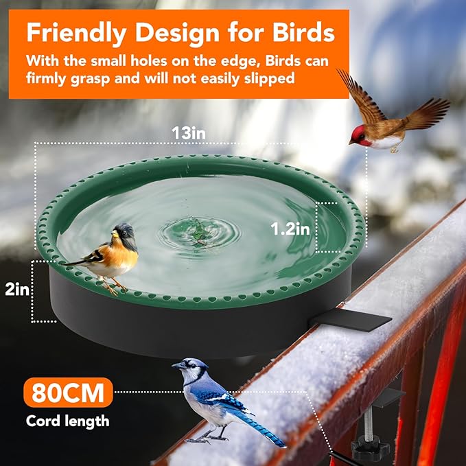 2 in 1 Heated Bird Bath for Outdoors for Winter,100W Bird Bath Heater with Thermostatically Controlled,Heated Bird Bath for Deck Railing for All Seasons Outdoor Garden Yard Patio Lawn(Green)