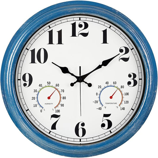 JENLYSTIME 16 Inch Blue Vintage Waterproof Indoor/Outdoor Wall Clock with Thermometer & Hygrometer, Large Numerals & Silent Sweep Movement - Ideal for Porch, Garden, Pool, Bathroom