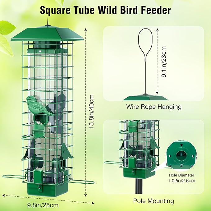 Squirrel Proof Bird Feeder, Metal Bird Feeders for Outdoors Hanging, Weight Activated, 3Lb Capacity, 4 Ports, All-Weather Tube Bird Feeder for Outside, Cardinal Finch Bluebird Wild Bird Feeder