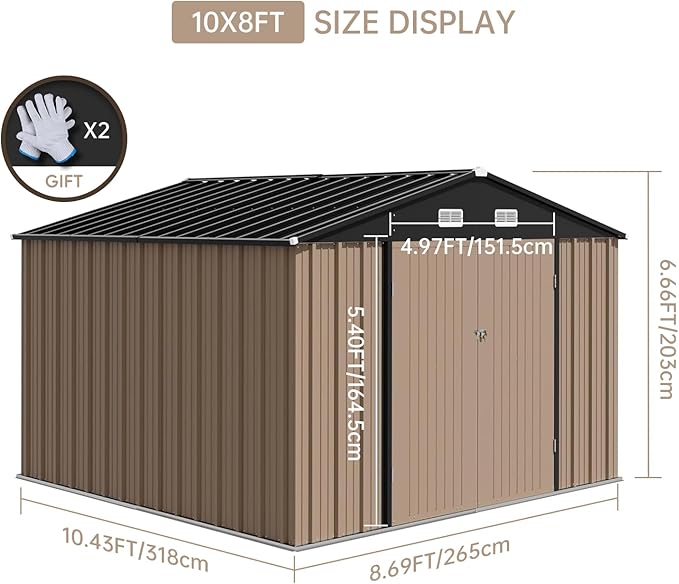 Garvee 10×8FT Outdoor Storage Shed, Metal Waterproof Garden Storage Shed Galvanized Steel Utility Tool Shed with Lockable Doors & Vents, All-Weather Shelter for Bike/Kids Car/Mowers/Tool, etc. Brown