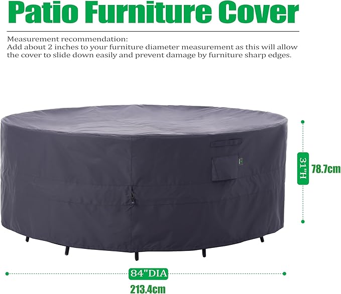 F&J Outdoors Patio Furniture Covers, Heavy Duty Tear Resistant Waterproof UV Resistant Windproof Outdoor Furniture Cover, Grey, 84" Dia x 31" H