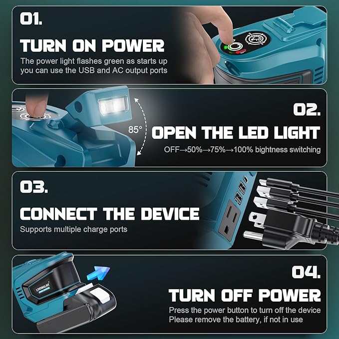 200W Power Inverter Compatible with Makita, DC 18V to AC 110-120V Battery Inverter, Portable Power Station Generator, Charger Adapter Battery Powered Outlet with 2 USB Ports & 1 Type-C & 1 AC Outlet