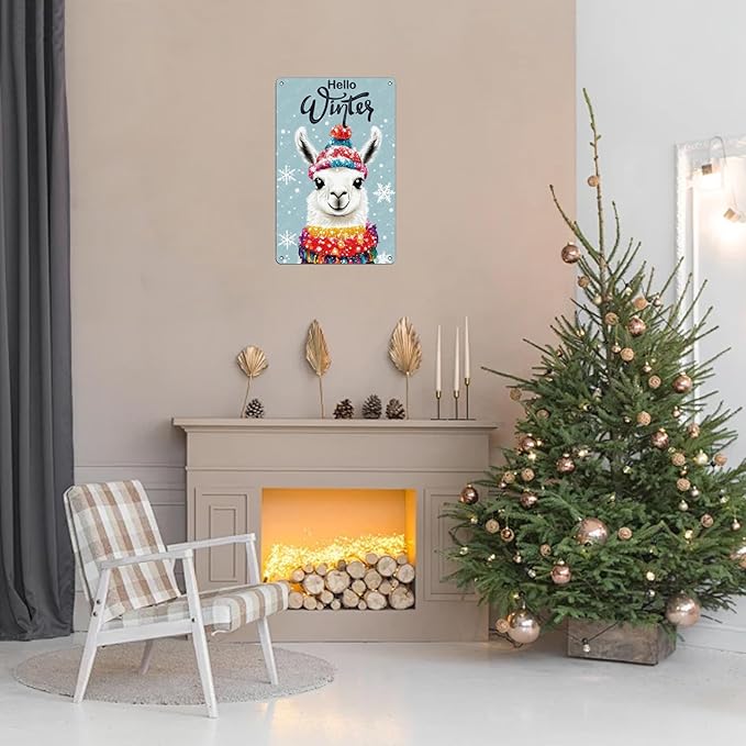 Tin Signs Hello Winter Metal Signs Winter Aluminum Sign for Home Cafe Bar Yard Office Kitchen Farmhouse Wall Decor 12×8 Inch