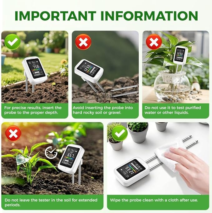 6-in-1 Soil Test Kit for Gardening Deals, 2025 Rechargeable Digital pH Meter/Temperature/Sunlight/Fertility/Environmental and Soil Moisture Meter with LCD Display for Indoor/Outdoor Plants