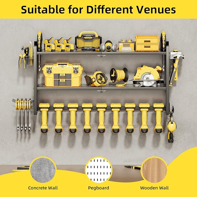 Power Tool Organizer Wall Mount with 9 Drill Holder, Cordless Tool Organizer and Storage Rack, Garage Heavy Duty Metal Shelf Organization for Battery, Tool Box, Hammer, Screwdriver(Black)