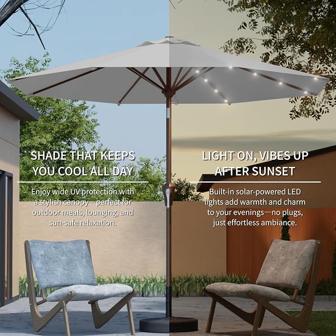 10FT Solar Umbrella 32 LED Lighted Patio Umbrella Table Market Umbrella w/Tilt and Crank, UV-Resistant Outdoor Umbrella for Pool, Garden, Deck, Light Gray