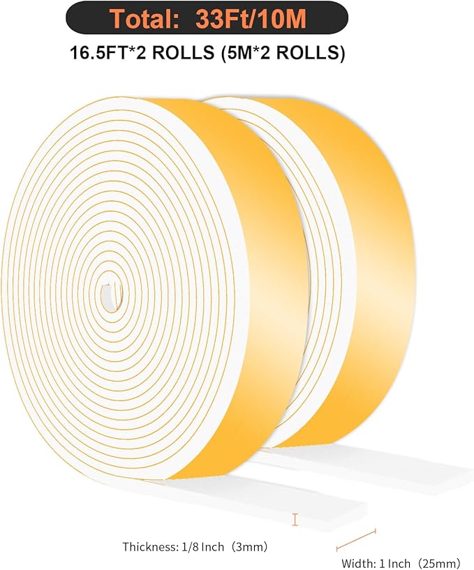 Weather Stripping Door Seal,Weather Stripping,Soundproof,Cold Insulation,High Density CR Foam Insulation Tape for Door, Front Door Frame, Windows,(White,1 in x 1/8 in x 33Ft)