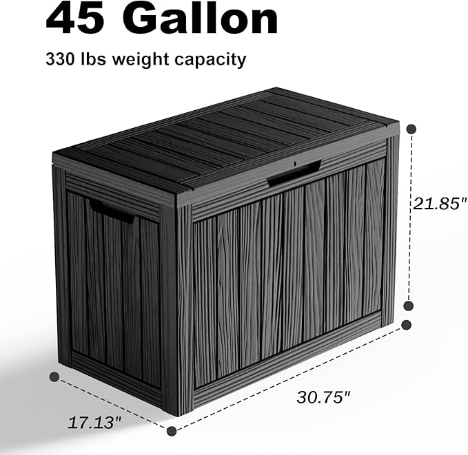 45 Gallon Resin Deck Box, Lockable Outdoor Storage Box for Patio Cushions Storage Furniture,Garden Tools, Pool Supplies, Weatherproof and UV Resistant(Black)