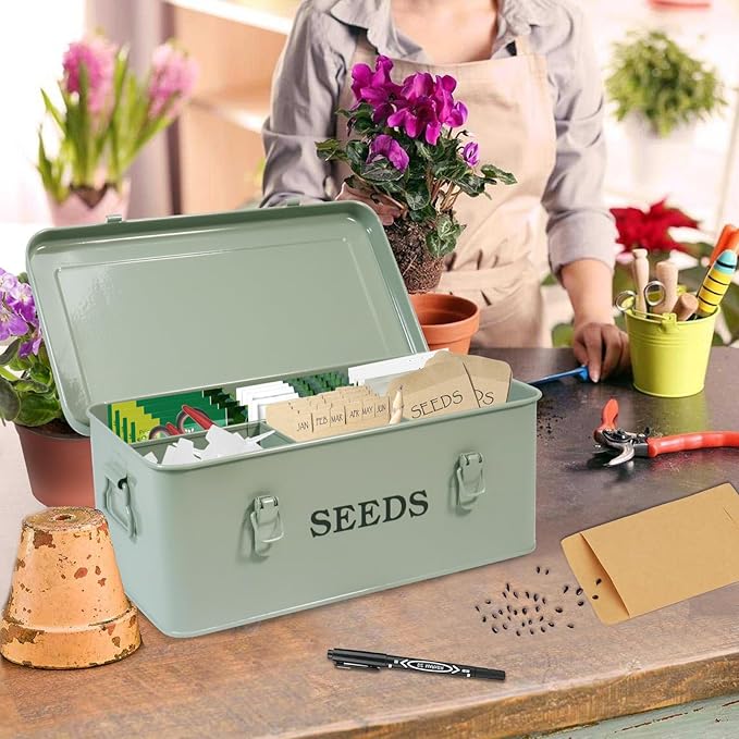 Seed Storage Organizer, 4 Compartment Seed Storage Box with Safety Lock, Metal Seed Box Container with 2 Pens, 20 Plant Labels and 50 Seed Envelopes for Seed Packet & Small Garden Tool, Green