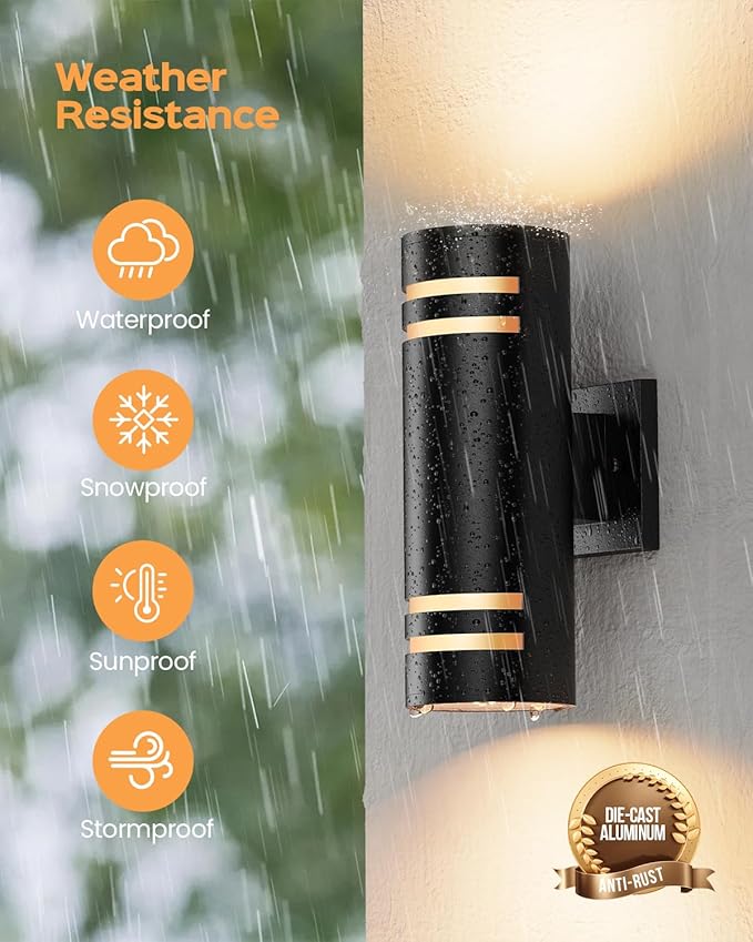 SHIMR Modern Outdoor Wall Lights Dusk to Dawn, Aluminum Outdoor Light Fixture with LED Bulbs, Black Cylinder Outdoor Sconce Up and Down Outside Lights for House Porch Garage, ETL Listed