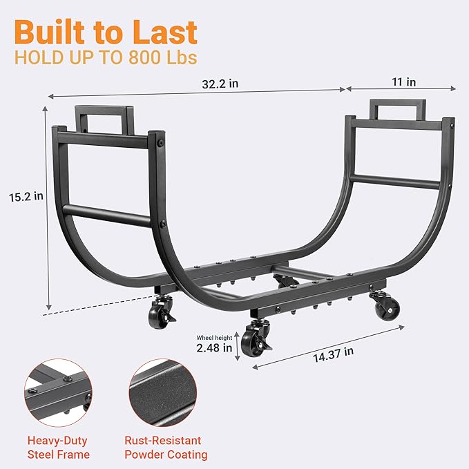 32 Inch Firewood Rack with Wheels & Removable Canvas Carrier, Indoor Outdoor Log Holder, Heavy-Duty Fireplace Wood Storage Rack