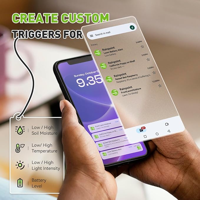 RainPoint 3-in-1 Smart Wireless Soil Moisture Meter for Plants Indoor/Outdoor Without Hub, WiFi APP Temperature Sunlight Sensor for Gardening Lawn Houseplants Monitor Hygrometer