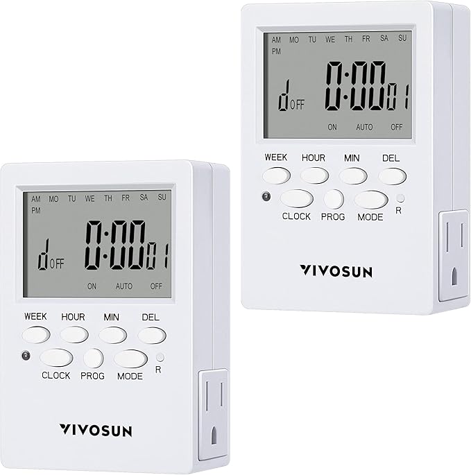 VIVOSUN 7 Day Programmable Digital Timer with Dual Outlet, 20 On/Off UL Listed Heavy Duty Plug-in Outlet Timer with Countdown Setting, Indoor for Lamp, Fan, Heater, Humidifiers, Aquarium (2 Pack)