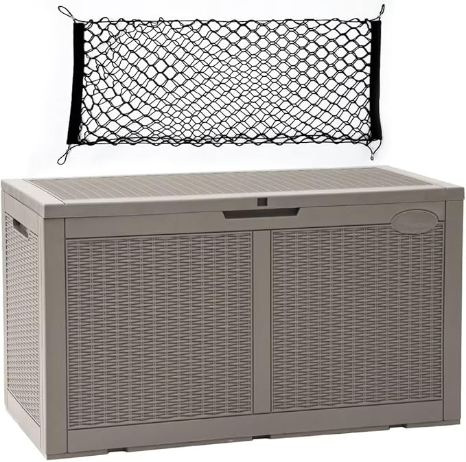 YITAHOME 100 Gallon Large Deck Box Upgrade Resin Outdoor Storage Boxes, Waterproof Patio Cushion Storage Bench for Patio Furniture, Pillows, Pool Supplies, Garden Tools- Rattan,Lockable (Light Brown)