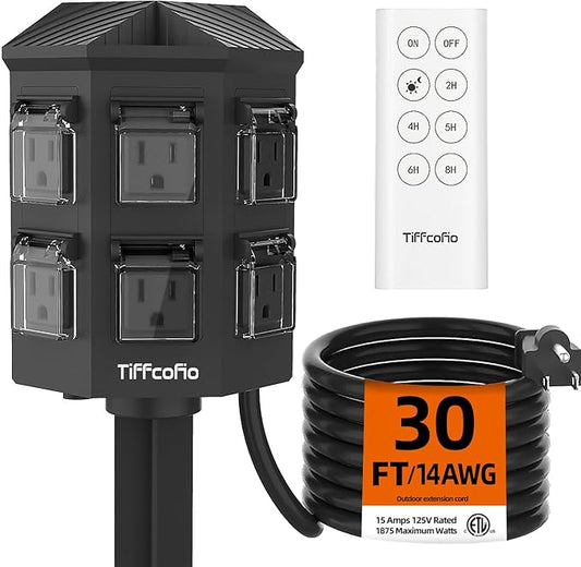 Outdoor Power Strip with 30 FT Extension Cord, 100FT Remote Control, Dusk to Dawn Light Timer Waterproof, 6 Grounded Outlets for Yard, Pool and Garden, ETL Listed