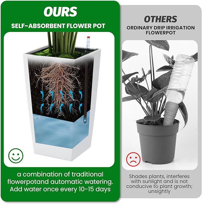 GarveeLife 16 in Tall Planters Set of 2, Outdoor&Indoor Black Planter Pots, High Front Porch Planter Pots with Drainage Holes&Water Level Monitor&Inner Bucket, Automatic Watering,White