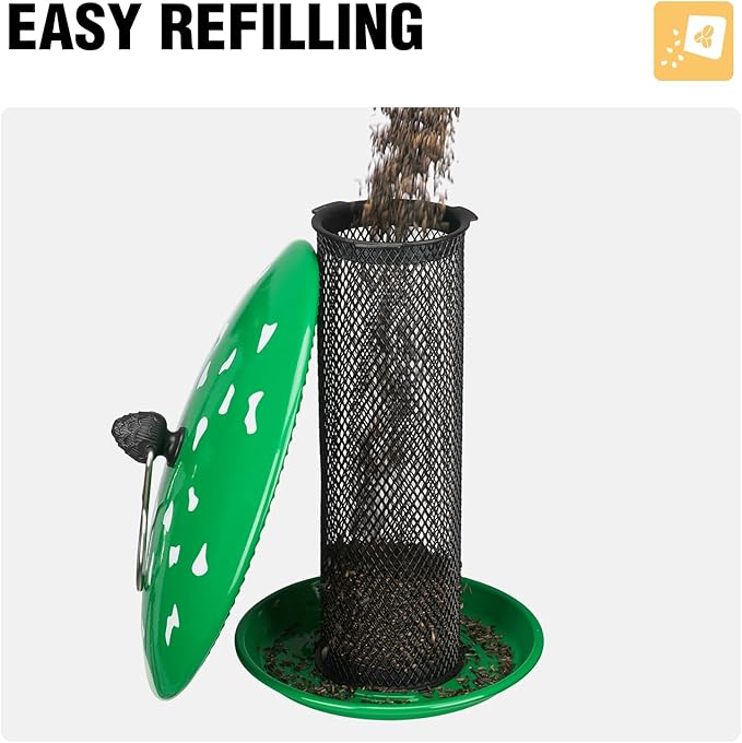 Veehoo Tube Bird Feeders for Outdoors Hanging-Finch Feeder for Nyjer Thistle Seed, Mushroom Metal Mesh Bird Feeder for Outside Hanging, Green