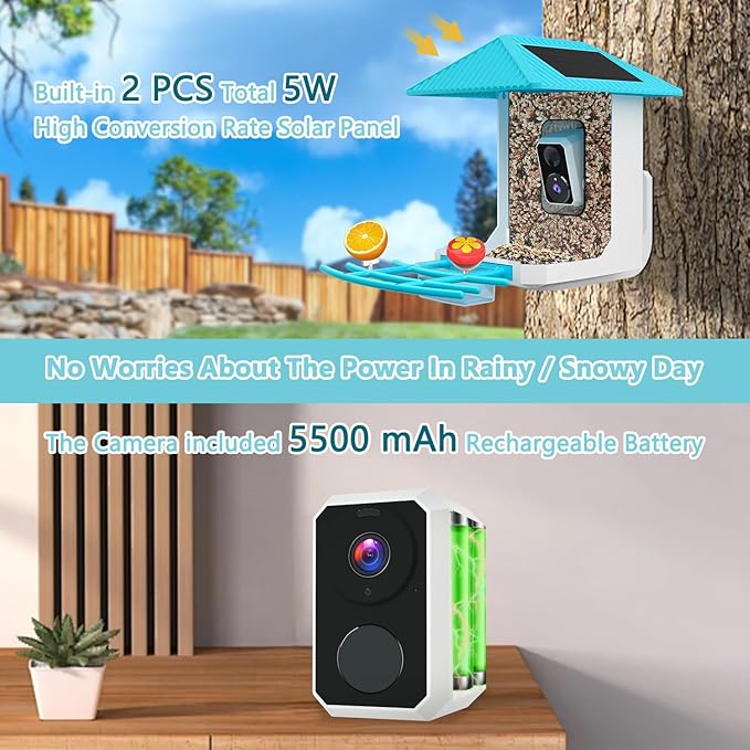 2.5K Smart Bird Feeder with Camera, 5GHz &2.4GHz Birds Watching Camera with AI Identify Bird Species, Outdoor Birds Feeder House with Solar Panel for BirdLovers (Blue)