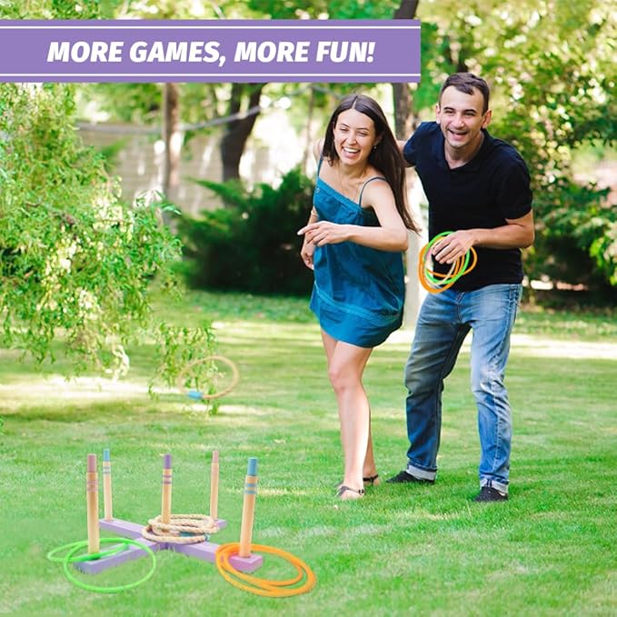 Wooden Ring Toss Game Set, Backyard Beach Camping Game with Toss Rings & Portable Carrying Bag, Outdoor Lawn & Yard Games for Kids, Adults & Family