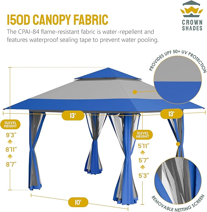 CROWN SHADES 13x13 Pop Up Gazebo, Canopy Tent, Gazebos on Clearance - Outdoor Gazebo for Backyard & Patio Furniture - Carpa Pop Up Tent with Wheeled STO-N-Go Cover Bag (Blue & Grey)