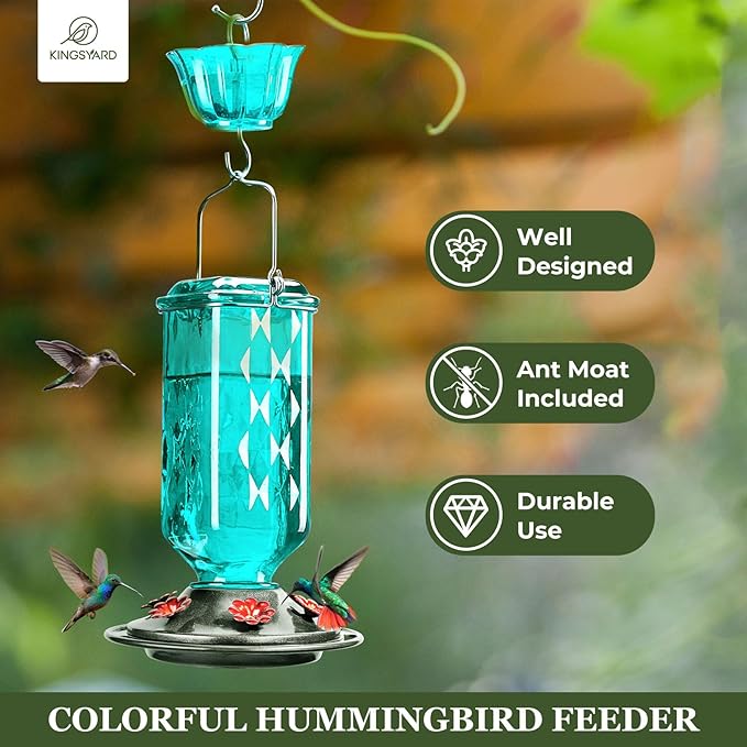 Kingsyard Glass Hummingbird Feeder for Outdoor Hanging, 24 Ounces, 6 Feeding Ports, Bird Nectar Feeder for Garden Décor, Ant Moat Included, Turquoise