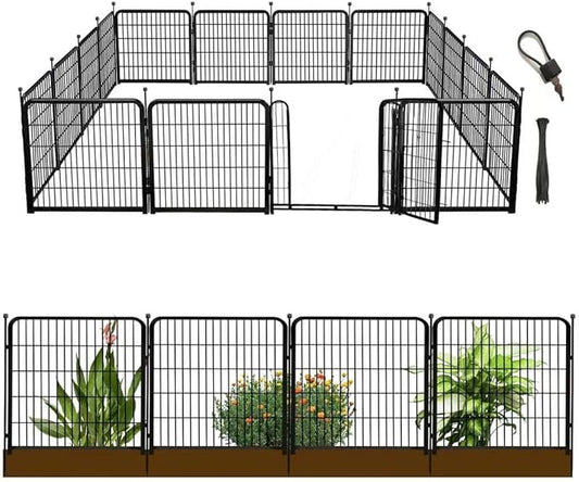 Garden Fence with Gate 36 in(H)×27 in(L) 14 Panels Total 31 Ft(L), Garden Fences and Borders for Dogs, Animal Barrier Fence, Black Metal Decorative Garden Fencing
