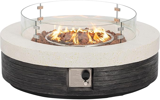 COSIEST 42" Outdoor Propane Fire Pit Table w Tank Cover & Wind Guard, Round Gas Fire Pit Table with Concrete & Wood Grain Design, 50000BTU CSA Certified Fire Tables for Patio, Backyard, Garden