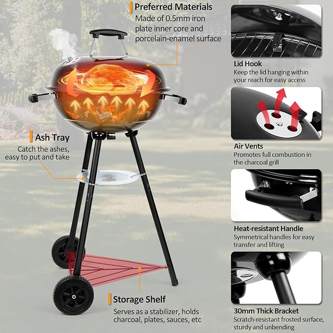 18 inch Kettle Charcoal Grills, Leonyo Portable BBQ Charcoal Grill for Outdoor with Cover & Chimney Starter, Griddle Accessories for Camping, Patio, Backyard Cooking - 254 Sq.in