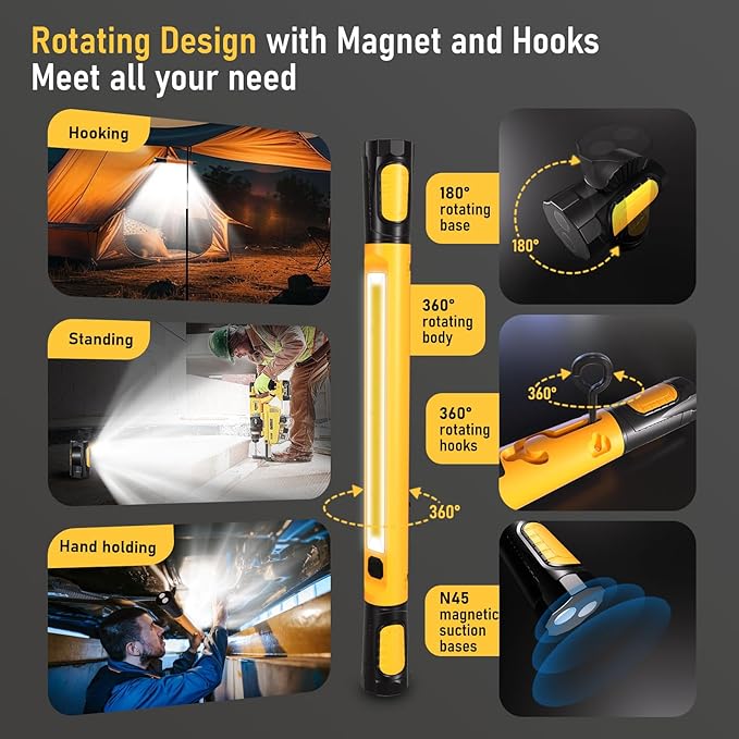 Work Light for Mechanic,3200LM LED Work Lights,5400mAh Rechargeable Magnetic Light bar,Portable Automotive Tools Underhood Light with Hooks for Car Garage Workshop Emergency,Gifts for Him, Yellow