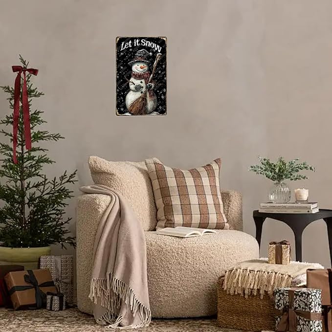 Tin Signs Let It Snow Snowman Metal Sign Snowflakes Winter Aluminum Sign for Farmhouse Outdoor Yard Home Kitchen Office 12×8 Inch