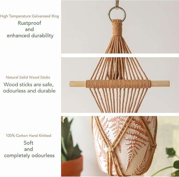 New Diamond Pattern Plant Hanger,2Pcs Handmade Macrame Plant Hangers Indoor with Wood Dowel,Large Crochet Boho Plant Hanger Holder for up to 10in Pot No Tassels (Caramel Wood Hanger)