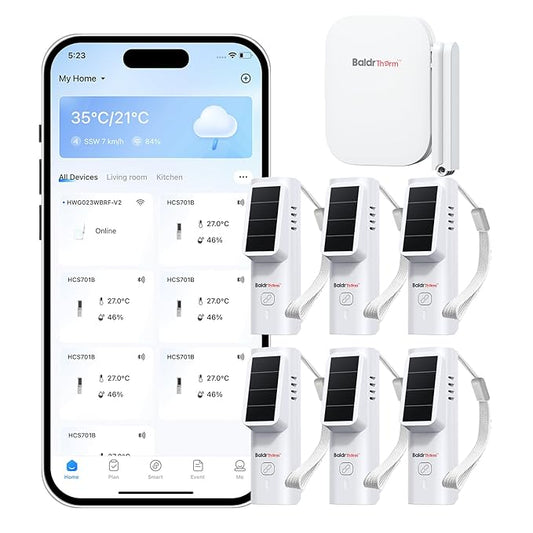 BaldrTherm Solar WiFi Hygrometer Thermometer Sensor, Smart Wireless Temperature Humidity with App Notification Alert, Date Storage, Remote Monitor for Room Greenhouse, 6pack