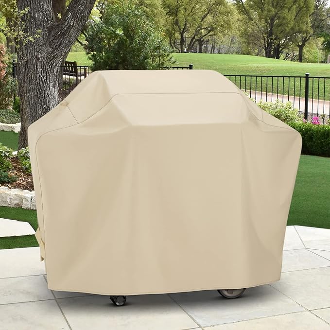 SunPatio BBQ Grill Cover 70 Inch, Outdoor Waterproof Large Barbecue Cover, All Weather Resistant Charcoal Gas Grill Protector, Compatible for Weber Char-Broil Nexgrill Napoleon and More, Beige
