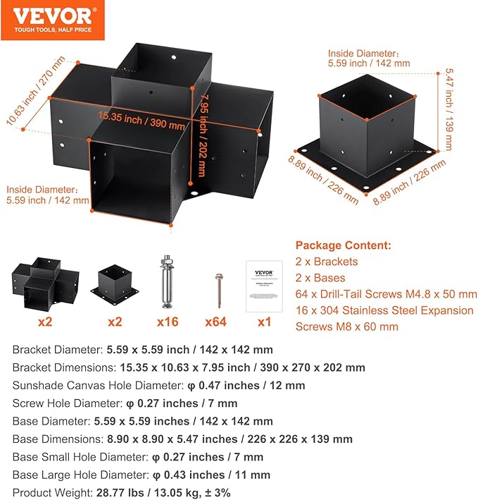 VEVOR Pergola Bracket Kit, 6x6 Inch (Inner Size 5.5x5.5), 2 Pcs 4-Way Heavy Duty Corner Bracket Woodworks DIY Post Base Kit, Easy Installation Wooden Beams for Gazebos, Patio Pergolas, Log Cabin