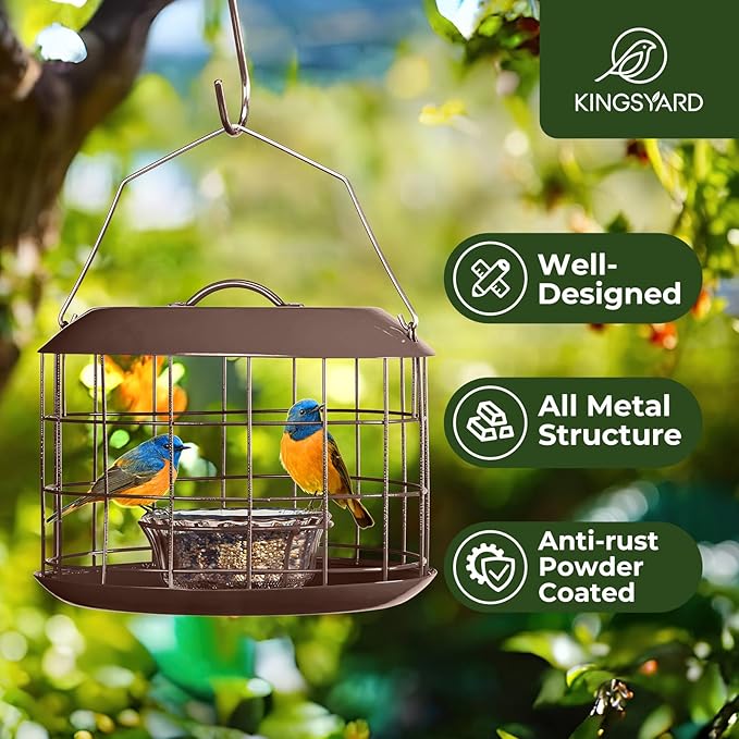 Kingsyard Bluebird Feeders for Outdoors Hanging, All Metal, Cage Bird Feeder with Tray, Squirrel Proof & Weatherproof, Easy to Refill & Clean (Brown)