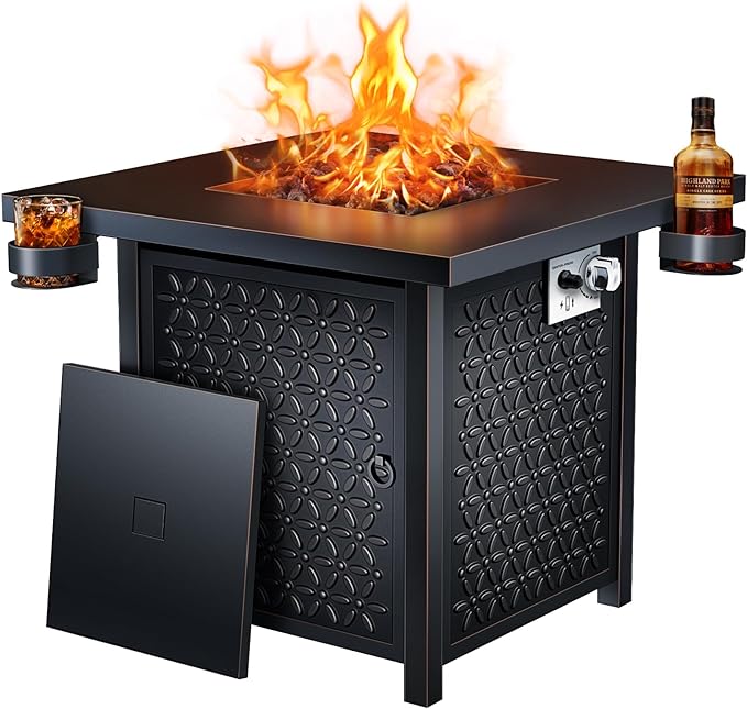 Ciays Propane Fire Pit, 27-inch Fire Pit Table with Two Cup Holders, 50,000 BTU Steel Gas Fire Pit with Pulse Ignition System, Perfect for Patio, Garden & Backyard Gatherings, CIFPT11B, Black